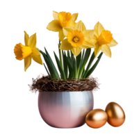 AI generated Daffodil flowers in an aluminum vase with a gold wrapped easter egg group in a bird nest isolated png