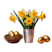 AI generated Daffodil flowers in an aluminum vase with a gold wrapped easter egg group in a bird nest isolated png