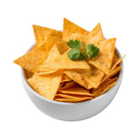 AI generated Unhealthy concept white bowl of nacho chips on marble background isolated png