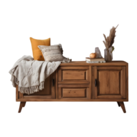 ai généré en bois buffet table avec coussins et jette sur une transparent Contexte isolé png