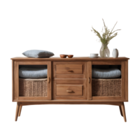 ai gegenereerd houten dressoir tafel met kussens en gooit Aan een transparant achtergrond geïsoleerd png