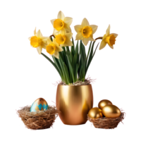 AI generated Daffodil flowers in an aluminum vase with a gold wrapped easter egg group in a bird nest isolated png