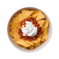 AI generated Unhealthy concept white bowl of nacho chips on marble background isolated png