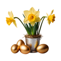 ai generado narciso flores en un aluminio florero con un oro envuelto Pascua de Resurrección huevo grupo en un pájaro nido aislado png