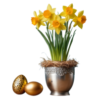 ai generado narciso flores en un aluminio florero con un oro envuelto Pascua de Resurrección huevo grupo en un pájaro nido aislado png