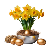 AI generated Daffodil flowers in an aluminum vase with a gold wrapped easter egg group in a bird nest isolated png