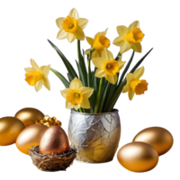 AI generated Daffodil flowers in an aluminum vase with a gold wrapped easter egg group in a bird nest isolated png