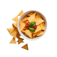 AI generated Unhealthy concept white bowl of nacho chips on marble background isolated png