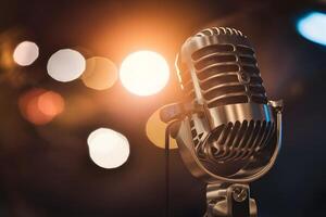 AI generated Microphone against bright bokeh background, close up studio shot photo