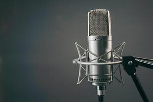 AI generated Microphone equipment on gray background, close up studio shot photo