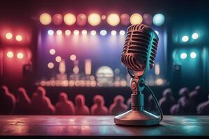 AI generated Img Vintage microphone on bar stage, retro audio equipment photo