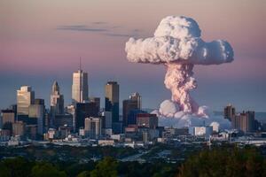 AI generated Metropolis gleaming in evening sun, colossal nuclear mushroom cloud photo