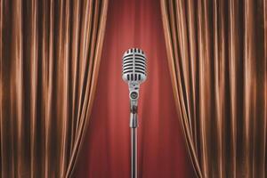AI generated Microphone stand before shiny orange curtains, theatrical setting photo
