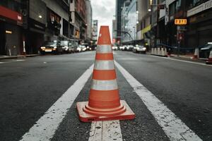 AI generated Old traffic cone on road, safety equipment, urban infrastructure photo