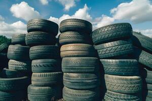 AI generated Old tires stacked in a pile, recycling concept, environmental issue photo