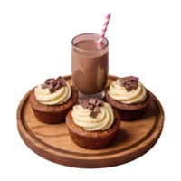 AI generated Mini banana cake served on wood dish with chocolate milk isolated png
