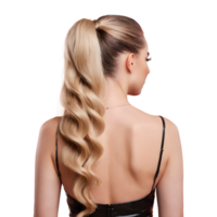 ai gerado a modelo s costas vitrines à moda loiro cabelo dentro vários espessuras e texturas Incluindo ambos ampla e pequeno tranças isolado png