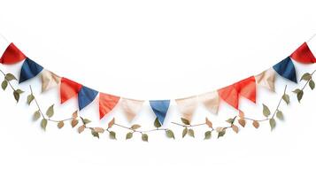 AI generated Party flag garland isolated on white background with shadow. Colorful flag garland for birthday parties and other celebrations. Colorful knitted party flags on a string photo