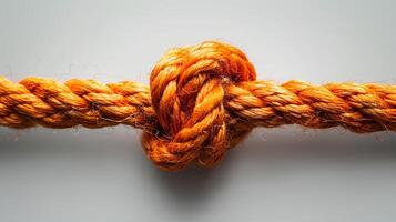 AI generated Orange rope with knot isolated on white background with shadow. Orange thick string with rope in the middle. Shoe lace string photo