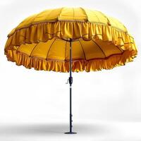 AI generated Yellow beach umbrella isolated on white background with shadow. Yellow parasol for beach use isolated. Beach umbrella or parasol for sun protection photo