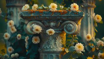 AI generated Ancient Greek column wrapped with flowers and plants. Closeup of greek pillar. Ionic pillar. Doric column. Corinthian column in nature photo