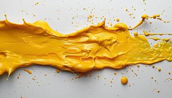 AI generated Yellow paint splash on white background top view. Yellow paint explosion all over white background flat lay. Yellow color splash photo