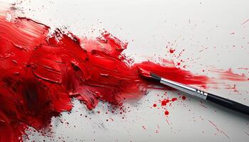 AI generated Red paint splash on white background top view. Red paint explosion all over white background flat lay. Red color splatter photo