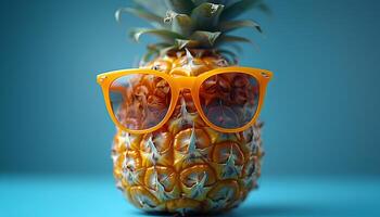 AI generated Pineapple with glasses isolated on blue background. Tropical pineapple fruit on simple background as concept for summertime photo