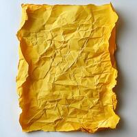 AI generated Yellow crumpled paper top view on white background with shadow. Yellow old paper texture photo