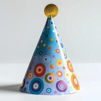 AI generated Party hat isolated on white background with shadow. Colorful party hat for birthday parties and celebrations. Fun party hat with abstract decorations photo