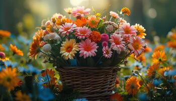 AI generated Basket of flowers for Mother's Day. Colorful flower basket in nature under sunshine during summertime. Wooden basket full of colorful flowers photo