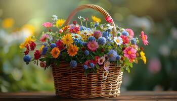 AI generated Basket of flowers for Mother's Day. Colorful flower basket in nature under sunshine during summertime. Wooden basket full of colorful flowers photo