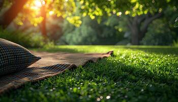 AI generated Blanket in the green grass for picnic. Picnic time during summer time in nature. Closeup of picnic blanket in green lush nature full of trees and flowers photo