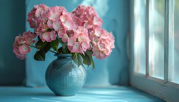 AI generated Hydrangea flowers in a vase on isolated on background. Hydrangea flowers blooming during summertime photo