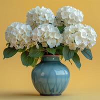 AI generated bouquet of white flowers in a ceramic vase isolated on simple background. White Hydrangea flowers blooming. Spring time and summertime flower photo