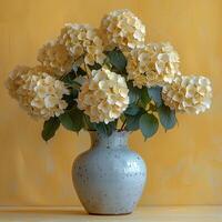 AI generated bouquet of white flowers in a ceramic vase isolated on simple background. White Hydrangea flowers blooming. Spring time and summertime flower photo