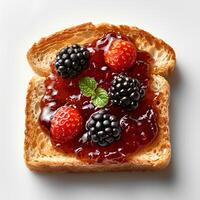 AI generated Roasted slice of toast bread with blackberry jam isolated on white background with shadow. Toast top view. Slightly burnt toast bread flat lay. blackberry jam photo