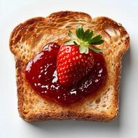 AI generated Roasted slice of toast bread with strawberry jam isolated on white background with shadow. Toast top view. Slightly burnt toast bread flat lay. Strawberry jam photo