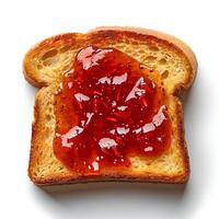 AI generated Roasted slice of toast bread with strawberry jam isolated on white background with shadow. Toast top view. Slightly burnt toast bread flat lay. Strawberry jam photo