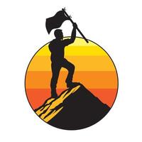 A man holding flag in the top of mountain vector illustration is retro style