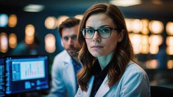 AI generated a man and woman scientist in lab coats talking near computer photo