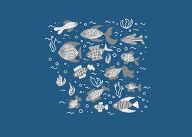 Vector fish collection isolated in doodle style.