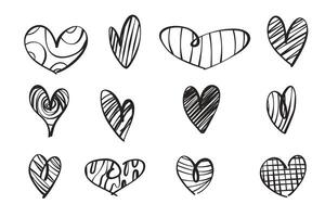 A set of twelve hand-drawn hearts. Hand drawn rough heart marker isolated on white background. Love element doodle, vector illustration for your graphic design