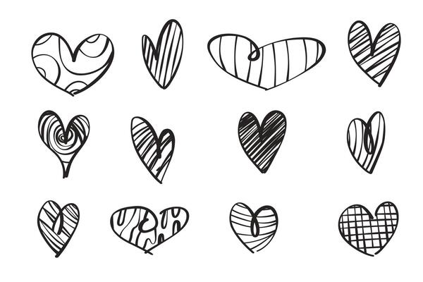 A set of twelve hand-drawn hearts. Hand drawn rough heart marker isolated on white background. Love element doodle, vector illustration for your graphic design