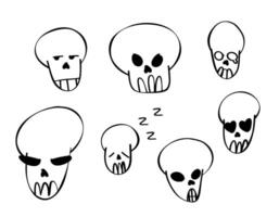 Doodle skull set, great design for any purposes. vector set of isolated skull heads and bones with a pattern of dots. hand drawn doodle style skull and crossbones with black line on white background