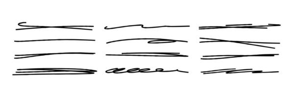 Quick crossed and bare underlines on a white background. A collection of pen underline markers. Vector illustration of doodle lines.