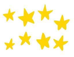 Vector set of different yellow stars on a white background. Hand drawn doodle elements. Stars are painted by hand