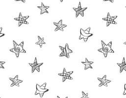 sin costura resumen modelo con negro mano dibujado desgastado estrellas en blanco antecedentes. cosmos textura para papel, envase y tela. vector