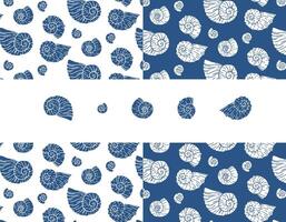 Set of seamless vector pattern with blue sea shells. Hand drawn vintage sketch of engraving elements. Marine background. Can be used for packaging, paper, wallpaper. Vector graphics for print.