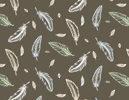 Seamless pattern with delicate feathers in doodle style on a white background, drawn in black ink. Brush and paint texture. Vector illustrations for textile print and pattern. Bird feathers